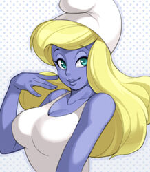 bare_shoulders big_breasts blonde_hair blue_body blue_eyes blue_skin breasts cleavage clothed clothing dress eyebrows eyelashes female grandfathered_content hair hat headgear headwear humanoid lips long_hair maou_alba not_furry phrygian_cap smile smurf smurfette solo sundress the_smurfs