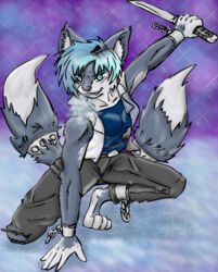 4_toes abstract_background anthro barefoot belt blue_eyes bottomwear breasts canid canine canis chains clenched_teeth clothed clothing countershading crouching cuff_(restraint) demon denim denim_bottomwear denim_clothing feet female fenrir_(disambiguation) fluffy fluffy_tail front_view frozen_over full-length_portrait fully_clothed fur grey_body grey_fur handpaw hindpaw holding_melee_weapon holding_object holding_sword holding_weapon humanoid_hands ice jacket jeans kneeling looking_at_viewer mammal markings melee_weapon multi_tail pants paws plantigrade portrait pose prisoner restraints shackles shirt snow solo sword tail tail_cuff tank_top teeth toes topwear torn_clothing weapon white_body white_countershading white_markings wolf