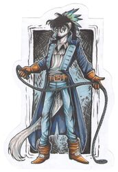 anthro black_hair boots castlevania clothing coat feathers footwear fur gloves green_eyes grostenmeiers hair handwear hi_res konami male mammal mustelid musteline richter richter_belmont solo stoat topwear true_musteline weasel whip white_body white_fur