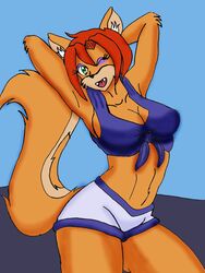 anthro bangs big_breasts blackwind_zero breasts brown_body brown_fur canid canine cleavage clothed clothing costume ear_tuft female fox fur green_eyes hair hi_res hybrid inner_ear_fluff jennifer_bourne mammal one_eye_closed orange_body orange_fur orange_hair pose rodent sciurid sibling_(lore) sister_(lore) solo tree_squirrel tuft wink