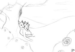 2013 ambiguous_gender anthro ashine canid canine canis chiroina chyo duo female flower graphite_(artwork) happy lillia love lying mammal monochrome pen_(artwork) pencil_(artwork) plant romantic romantic_couple rose_(flower) rux traditional_media_(artwork) tree wolf