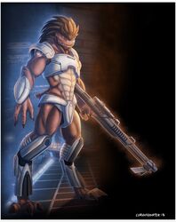 2013 3_fingers abs alien anthro armor barefoot biceps bioware biped claws corvuspointer electronic_arts feet fingers genetically_modified gun hi_res hybrid krogan male mass_effect muscular muscular_anthro muscular_male pecs pillarbox ranged_weapon rifle sniper_rifle solo spikes standing toe_claws weapon