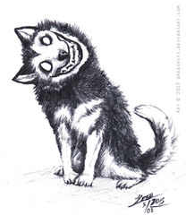 2013 ambiguous_gender black_nose canid canine canis creepy creepypasta domestic_dog dredshift empty_eyes feral grin head_tilt husky looking_at_viewer mammal nightmare_fuel nordic_sled_dog rape_face simple_background sketch smile smile.dog solo spitz teeth traditional_media_(artwork)