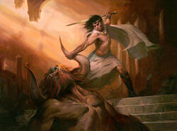 background_character bovid bovine cape clothed clothing duo_focus european_mythology greek_mythology group hair hasbro horn horn_grab human long_hair lucas_graciano magic:_the_gathering male mammal melee_weapon minotaur muscular mythology official_art outside sky standing sword topless weapon wizards_of_the_coast