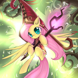 1:1 clothing crossover cutie_mark cyanaeolin equid equine feathered_wings feathers female feral fluttershy_(mlp) flying friendship_is_magic fur glowing green_eyes hair hasbro hat headgear headwear hi_res league_of_legends long_hair looking_at_viewer lulu_(lol) magic magic_user mammal melee_weapon my_little_pony mythological_creature mythological_equine mythology outside pegasus pink_hair plant polearm riot_games smile solo spell staff tencent thorns vines weapon wings yellow_body yellow_feathers yellow_fur