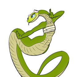 1:1 anthro apode bandage blue_eyes blue_sclera bottomless clothed clothing draconcopode dreamworks female flat_chested forked_tongue kung_fu_panda legless master_viper naga reptile scalie serpentine simple_background snake solo tongue tongue_out unknown_artist white_background wide_hips