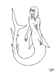 ambiguous_gender anthro black_and_white chiroina chyo fish hair line_art long_hair marine monochrome shark simple_background sketch solo white_background