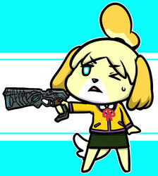 animal_crossing anthro bottomwear canid canine canis clothing domestic_dog dominator_(psycho_pass) featureless_feet feet female gun handgun holding_gun holding_object holding_ranged_weapon holding_weapon isabelle_(animal_crossing) mammal mitten_hands nintendo pencil_skirt pistol psycho_pass ranged_weapon shih_tzu skirt solo tonda toy_dog weapon