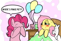 2013 3:2 balloon bed blush card dialogue duo earth_pony english_text equid equine female feral fluttershy_(mlp) friendship_is_magic furniture get_well_soon_card green_eyes hair hasbro horse inflatable mammal my_little_pony pillow pink_hair pinkie_pie_(mlp) pony silver1kunai text tissue_box