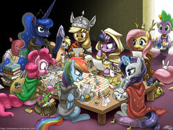 2013 4:3 alicorn angel_(mlp) applejack_(mlp) apron armor avian bag beverage blonde_hair blue_body blue_eyes blue_eyeshadow blue_feathers blue_fur blue_hair blush board_game bovid bovine bow_(feature) bow_tie bowl brown_hair can candy carrot cephalopod character_sheet_(rpg) chimera chips_(food) cloak clothed clothing coleoid container costume crown cup cupcake cutie_mark d20 d4 derpy_hooves dessert dice digital_media_(artwork) discord_(mlp) draconequus dragon dungeons_and_dragons earth_pony equid equine european_mythology eyeshadow eyewear feathered_wings feathers female feral figurine fish fluttershy_(mlp) food friendship_is_magic fur furniture gaming gilda_(mlp) glasses glowing greek_mythology green_eyes group gryphon gummy_(mlp) hair hasbro headgear helmet hi_res high-angle_view horn horse iron_will_(mlp) john_joseco juice_box lagomorph large_group leporid levitation lyra_heartstrings_(mlp) magic makeup mammal marine marker minotaur mollusk multicolored_hair my_little_pony mythological_avian mythological_bird mythological_creature mythological_equine mythological_firebird mythological_scalie mythology octavia_(mlp) octopodiform open_mouth paper peewee_(mlp) pegasus pencil_(object) phoenix pillow pink_hair pinkie_pie_(mlp) plant plate pony ponytail princess_celestia_(mlp) princess_luna_(mlp) pupils purple_body purple_eyes purple_fur purple_hair rabbit rainbow_dash_(mlp) rainbow_hair rarity_(mlp) robe role-playing_game rubber_duck scalie scepter seahorse sitting slit_pupils soda sparkles spike_(mlp) stripes sunglasses syngnathid syngnathiform table tail teeth trixie_(mlp) twilight_scepter_(mlp) twilight_sparkle_(mlp) two_tone_hair unicorn vegetable vinyl_scratch_(mlp) wild_fire_(mlp) wings wizards_of_the_coast writing_text yellow_body yellow_eyes yellow_feathers zebra zecora_(mlp)