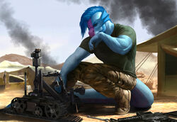 2013 anthro ar-15 assault_rifle belly biceps blue_body blue_hair blue_skin bodily_fluids boots bottomwear cable camera camo clothed clothing crouching day desert detailed detailed_background dragon footwear full-length_portrait gun hair hand_on_face hi_res icy_(character) loculi looking_down m4 machine male military muscular muscular_anthro muscular_male mythological_creature mythological_scalie mythology outside pants portrait purple_belly ranged_weapon red_eyes rifle robot sand scales scalie shirt sky smoke solo sweat tail tent thinking tiptoes tools topwear vehicle vein weapon wrench