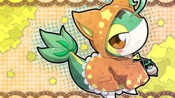 ambiguous_gender blush checkered checkered_background clothing generation_5_pokemon green_body hm3526 kemono looking_at_viewer nintendo orange_eyes pattern_background pokemon pokemon_(species) reptile scalie semi-anthro simple_background smile snivy solo star y2k_(graphic_design)