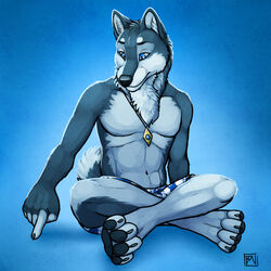 1:1 4_toes abs anthro arctic_wolf biped black_nose black_pawpads blue_background blue_eyes canid canine canis chest_tuft claws clothed clothing crossed_legs digitigrade feet fingerless_(marking) forefinger front_view fur grey_body grey_fur hi_res hindpaw jewelry male mammal multicolored_body multicolored_fur muscular muscular_anthro muscular_male necklace pawpads paws pecs simple_background sitting soles solo swimwear toes topless tsaiwolf tuft two_tone_body two_tone_fur wolf