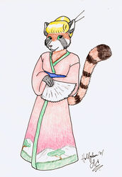 2001 accessory ailurid anthro asian_clothing blonde_hair clothing colored_pencil_(artwork) east_asian_clothing female green_eyes hair hair_accessory hairpin hand_fan hollyann japanese_clothing kanzashi looking_at_viewer mammal obi pen_(artwork) red_panda solo traditional_media_(artwork) yukata