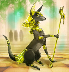 anklet anubian_jackal anubis bracelet canid canine canis deity digitigrade egyptian_mythology female feral inside jackal jewelry looking_at_viewer mammal melonleaf middle_eastern_mythology mythology ring scepter sitting solo was_scepter