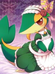 3:4 3_fingers blush checkered checkered_background clothing female fingers generation_5_pokemon green_body green_skin hm3526 looking_at_viewer maid_uniform nintendo pattern_background pokemon pokemon_(species) red_eyes reptile scalie simple_background snivy solo uniform