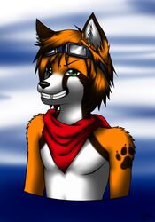 anthro canid canine chiroina dandy_(dandyfloss) eyewear footprint fox fur glistening goggles green_eyes grin hair male mammal pawprint pawprint_tattoo red_scarf scarf smile solo tattoo