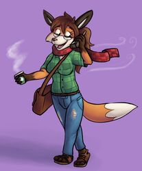 2013 anthro archived_source brown_hair canid canine clothed clothing container cup eyewear female fox fully_clothed glasses hair holding_container holding_cup holding_object mammal on_phone open_mouth samael scarf solo walking