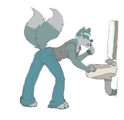 anthro ass barefoot bent_over biped blue_hair bottomwear breasts canid canine canis clothing denim denim_bottomwear denim_clothing ear_piercing feet female fenni fenrir_(disambiguation) frozen_over full-length_portrait fur green_eyes grey_body grey_fur hair hi_res hindpaw jeans looking_at_mirror looking_at_object mammal mirror multi_tail pants pawpads paws piercing portrait shirt short_hair simple_background sink solo tail tank_top topwear white_background wolf