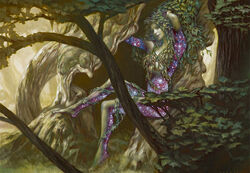 convenient_censorship detailed_background dryad female hasbro humanoid leaf magic:_the_gathering nature official_art plant pose solo tree volkan_baga wizards_of_the_coast