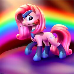 1:1 absurd_res blue_eyes cutie_mark earth_pony equid equine female feral flower friendship_is_magic fur hair hasbro hi_res horse ioverd long_hair mammal my_little_pony open_mouth pink_body pink_fur pink_hair pinkamena_(mlp) pinkie_pie_(mlp) plant pony rainbow rainbow_arch rose_(flower) smile solo