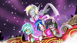 16:9 amber_eyes black_hair blonde_hair blue_hair clothed clothing coat cyanaeolin derpy_hooves detailed_background earth_pony equid equine feathered_wings feathers female feral forest friendship_is_magic fur green_body green_fur grey_body grey_feathers grey_fur group hair hasbro hi_res horn horse long_hair looking_at_viewer lyra_heartstrings_(mlp) mammal multicolored_hair my_little_pony mythological_creature mythological_equine mythology night octavia_(mlp) one_eye_closed open_mouth outside pegasus plant pony red_eyes rope scarf sky sled smile snow snowing star starry_sky topwear tree two_tone_hair unicorn vinyl_scratch_(mlp) white_body white_fur widescreen wings wink yellow_eyes