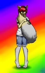 anthro barefoot biped black_eyes black_highlights bottomwear canid canine chiroina chyo clothing denim denim_clothing feet fluffy fluffy_tail fox hair hi_res highlights_(coloring) him_the_baker holding_tail male mammal rainbow rainbow_background red_hair shirt shorts simple_background solo tail tail_hug tank_top topwear