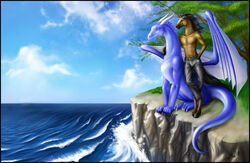 anthro blakdragon blue_body blue_eyes bottomwear clothing denim denim_bottomwear denim_clothing digital_media_(artwork) dragon duo equid equine feral hi_res hooves horn horse jadoube jeans male mammal mane membrane_(anatomy) membranous_wings mythological_creature mythological_scalie mythology pants quillu scalie tail water wings