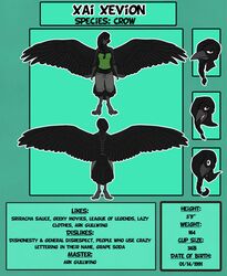 avian beak biped bird black_body black_feathers braided_hair clothed clothing corvid corvus_(genus) crow feathered_wings feathers female hair hi_res likeshine model_sheet oscine passerine solo wings xai_xevion