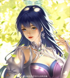  absurdres artist_request blue_eyes blue_hair breasts butterfly_hair_ornament butterfly_ornament closed_mouth clothing_cutout douluo_dalu earrings falling_leaves female glitter hair_ornament hand_up highres jewelry juliet_sleeves leaf long_hair long_sleeves medium_breasts puffy_sleeves second-party_source single_earring smile solo tang_wutong_(douluo_dalu) upper_body 