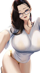  :d bikini bikini_under_clothes black_hair blue_eyes blueorca breasts brown_hair cleavage collarbone female glasses highres huge_breasts long_hair mole mole_under_eye mole_under_mouth open_mouth original shirt simple_background smile solo swimsuit white_background white_shirt yellow_bikini 