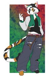  alpha_channel anthro belt biped bottomwear calico_cat clothed clothing domestic_cat eyebrows felid feline felis fingers green_eyes hair hi_res kimura_(munkeesgomu) male mammal munkeesgomu pants solo tail torn_bottomwear torn_clothing torn_pants white_hair 