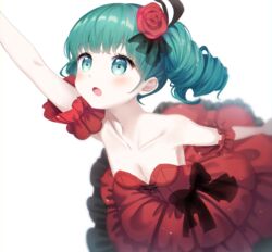  absurdres arm_up blue_eyes blue_hair blush bow breasts cleavage commentary detached_sleeves dress drill_hair female flower gaikotsu_gakudan_to_riria_(vocaloid) hair_flower hair_ornament hatsune_miku highres ille_(xcpa7325) long_hair open_mouth reaching short_sleeves simple_background small_breasts solo strapless strapless_dress twin_drills vocaloid white_background 