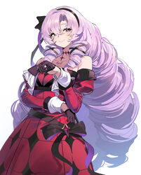  absurdres bare_shoulders black_hairband blush chest_tattoo closed_mouth dress drill_hair female hair_ribbon hairband highres hyakumantenbara_salome hyakumantenbara_salome_(1st_costume) juliet_sleeves kyo_(krokikyon) long_hair long_sleeves nijisanji puffy_sleeves purple_hair red_dress ribbon simple_background smile solo tattoo very_long_hair virtual_youtuber white_background 