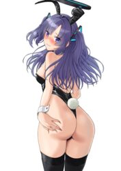  animal_ears ass black_leotard black_thighhighs blue_archive blush breasts closed_mouth cowboy_shot fake_animal_ears fake_tail female from_behind halo highres leotard long_hair looking_at_viewer mechanical_halo medium_breasts mikan_29344886 playboy_bunny purple_eyes purple_hair rabbit_ears rabbit_tail simple_background solo strapless strapless_leotard tail thighhighs two_side_up white_background wrist_cuffs yuuka_(blue_archive) 