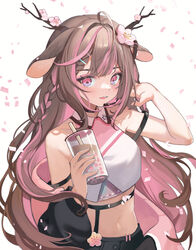  animal_ears antlers brown_hair bubble_tea cherry_blossoms crop_top deer_antlers deer_ears drink exitus female flower hair_flower hair_ornament highres holding holding_drink horns jacket kannazuki_lubee multicolored_hair open_clothes open_jacket open_mouth pink_eyes pink_flower pink_hair sibyl smile solo streaked_hair virtual_youtuber 