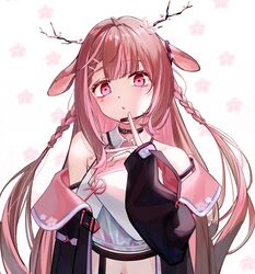  animal_ears black_choker black_jacket braid brown_hair choker crop_top deer_ears exitus female flower-shaped_pupils headset highres jacket kannazuki_lubee long_hair multicolored_hair open_clothes open_jacket open_mouth pink_eyes pink_hair side_braids solo streaked_hair symbol-shaped_pupils teacup_1121 very_long_hair virtual_youtuber 