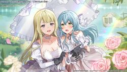  2girls aqua_hair assault_lily bare_shoulders black_gloves blonde_hair blunt_bangs blurry blurry_background blush bow bowtie breasts bush cleavage collar collarbone commentary_request cowboy_shot day detached_sleeves dress falling_petals flower frilled_dress frilled_umbrella frills gloves green_eyes grey_bow grey_bowtie grey_dress hair_between_eyes hairbow half_updo halter_dress halterneck hand_up hands_up holding holding_umbrella jewelry juliet_sleeves lake lens_flare long_hair long_sleeves looking_ahead looking_up medium_breasts miyagawa_takane multiple_girls niwata0 official_alternate_costume official_art open_hand open_mouth outdoors pendant petals pink_flower pink_rose puffy_sleeves purple_eyes rain rose ruins shared_umbrella side-by-side sidelocks smile standing strapless strapless_dress toki_kureha two-tone_dress umbrella underbust very_long_hair water watermark white_bow white_collar white_dress white_flower white_rose 