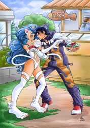  animal_humanoid blue_hair breasts capcom claws clothing cloud crossover darkstalkers day duo eye_contact felicia_(darkstalkers) felid felid_humanoid feline feline_humanoid female fish footwear fur grass hair hand_holding hi_res human humanoid jin_kazama light_body light_skin long_hair looking_at_another male mammal mammal_humanoid marine plant side_boob signature tekken tekken_4 viniciusmt2007 white_body white_fur 