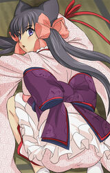  animal_ears ass back_bow black_hair bow female fox_ears hair_ribbon hairbow haruyama_kazunori japanese_clothes kimono long_hair looking_at_viewer open_mouth otome_youkai_zakuro patterned_clothing purple_eyes ribbon socks solo twintails white_socks zakuro_(otome_youkai_zakuro) 