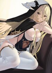  absurdres azur_lane bare_shoulders blonde_hair breast_cutout breasts cleavage fake_horns female from_side habit hair_between_eyes highres horns implacable_(azur_lane) kawa_tamago large_breasts long_bangs long_hair looking_at_viewer nun pelvic_curtain red_eyes revealing_clothes simple_background skindentation solo thighhighs two-tone_dress veil very_long_hair white_background white_horns white_thighhighs 