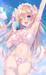  ahoge arm_garter arm_up armpits bare_shoulders bikini blonde_hair blue_eyes blue_sky bow breasts bridal_garter choker cleavage cup day drinking_glass female frilled_bikini frills hair_ornament hand_up headdress highres holding large_breasts long_hair looking_at_viewer navel one_eye_closed open_mouth original outdoors pink_bow side-tie_bikini_bottom sky smile solo sorai_shin&#039;ya stomach strapless strapless_bikini swimsuit thighs traene_(sorai_shin&#039;ya) tropical_drink two_side_up white_bikini white_choker x_hair_ornament 