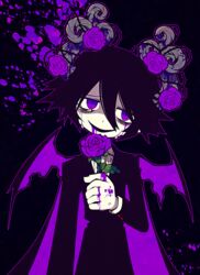  1boy bags_under_eyes blood blood_from_eyes blood_from_mouth blood_on_face blood_on_hands blood_splatter blue_background colored_skin commission cowboy_shot crying demon_boy demon_horns demon_wings flower funamusea funamusea_(artist) holding horns male_focus open_mouth purple_blood purple_eyes purple_flower purple_hair purple_rose purple_suit purple_theme rose satanick_(funamusea) skeb_commission smile solo splatter suit tears white_skin wings 