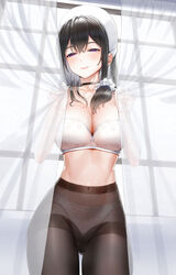  bare_shoulders black_hair blush bra breasts brown_pantyhose choker cleavage collarbone covered_navel curtains female hat highres kfr large_breasts long_hair looking_at_viewer nurse_cap original panties panties_under_pantyhose pantyhose purple_eyes smile solo thighband_pantyhose thighs underwear white_bra white_hat white_panties window 