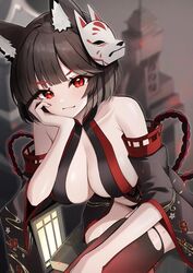  absurdres animal_ear_fluff animal_ears azur_lane bare_shoulders black_hair breasts cat_ears cat_mask center_opening cleavage crossed_legs detached_sleeves female gradient_legwear hand_on_own_cheek hand_on_own_face highres japanese_clothes kimono large_breasts looking_at_viewer mask mask_on_head pale_skin red_eyes red_thighhighs short_hair sitting solo thighhighs torn_clothes torn_thighhighs wide_sleeves yamaha_tsui yamashiro_(azur_lane) yamashiro_(meta)_(azur_lane) 