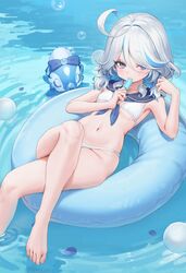  absurdres afloat ahoge barefoot bikini blue_eyes blue_hair blue_sailor_collar breasts bubble convenient_leg crossed_legs feet female food food_in_mouth foot_out_of_frame from_above furina_(genshin_impact) genshin_impact hair_between_eyes hair_bobbles hair_ornament highres innertube legs looking_at_viewer low_twintails neckerchief p00nipooni petals popsicle popsicle_in_mouth ripples sailor_bikini sailor_collar short_twintails small_breasts surintendante_chevalmarin swim_ring swimsuit toenails toes twintails water white_bikini white_hair 