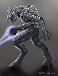  2005 4_fingers alien anthro arbiter_(halo) armor artist_name ass bodysuit clothing dated energy_sword fingers halo_(series) headgear helmet looking_back male melee_weapon microsoft sangheili simple_background skinsuit solo sword thel_&#039;vadam tight_clothing tina_leyk weapon xbox_game_studios 