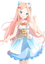  :d abigail_williams_(fate) absurdres bare_arms bare_shoulders blonde_hair blue_bow blue_eyes blue_skirt blush bow breasts collarbone commentary fate/grand_order fate_(series) female hairbow hand_up head_tilt highres long_hair looking_at_viewer orange_bow parted_bangs pleated_skirt simple_background skirt small_breasts smile solo standing very_long_hair white_background yellow_bow yukaa 