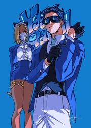  1boy alternate_costume animal_ears black_gloves black_hair black_vest blazer blonde_hair blue_background blue_jacket blue_skirt breasts button_up_skirt cat_ears center_frills collared_shirt cropped_jacket dark-skinned_female dark_skin dress_shirt facial_hair fake_animal_ears female frills gloves goggles grand_theft_auto grand_theft_auto_v grey_necktie gyaru hair_behind_ear hair_slicked_back heart_o-ring high-waist_skirt highres jacket kaminari_qpi long_sleeves looking_at_viewer maid_headdress mask medium_breasts miniskirt moustache mouth_mask necktie o-ring o-ring_thigh_strap open_clothes open_jacket orange_eyes orange_nails pants parted_bangs rader_(vtuber) shirt short_hair simple_background skirt skirt_set suit thigh_strap toridesu949914 vest virtual_youtuber vspo! white_mask white_pants white_shirt wing_collar 