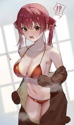  !? animal_costume bear_costume bikini breasts cleavage commentary_request cowboy_shot female hair_ribbon heterochromia highres himeno_hera hololive houshou_kumarine houshou_marine large_breasts long_hair looking_at_viewer open_mouth red_bikini red_eyes red_hair red_ribbon ribbon solo spoken_interrobang standing steam sweat swimsuit twintails undressing virtual_youtuber yellow_eyes 